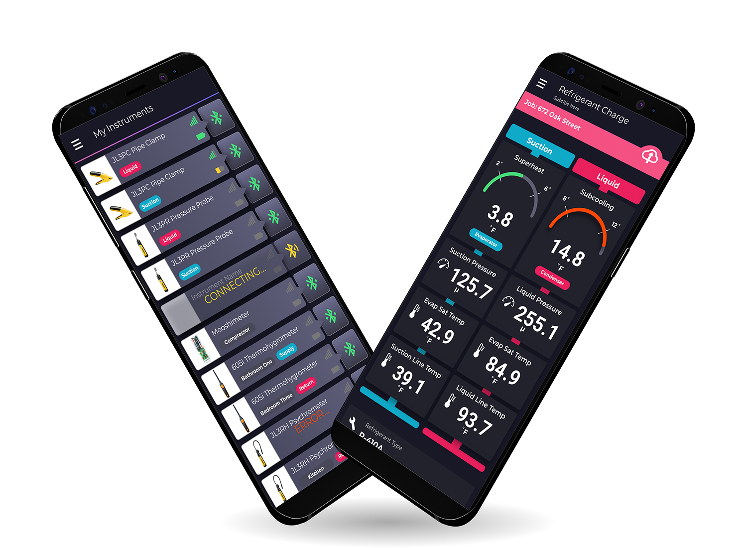 Two angled phones showing the instruments screen and a measurements screen from the Visual Service Field Technician app.